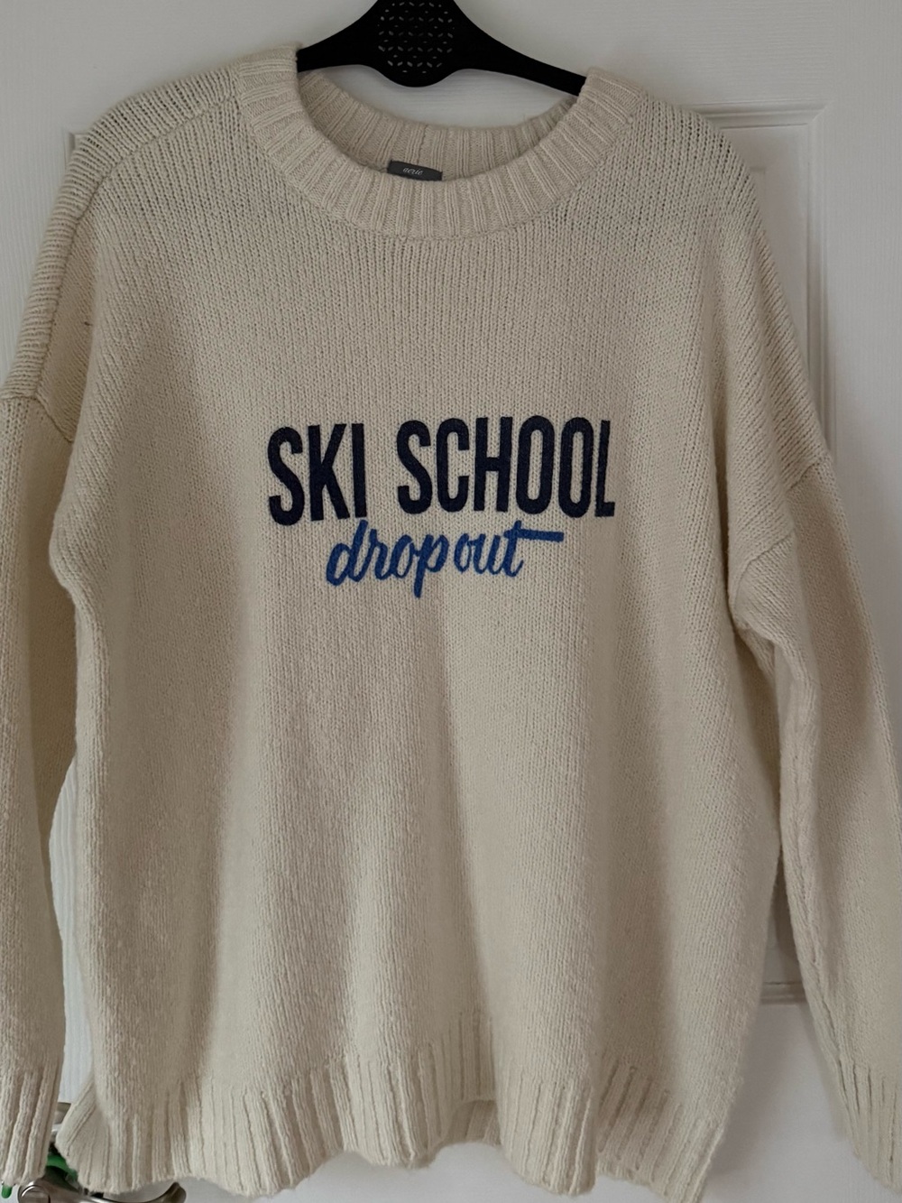 aerie Cream Knit 'Ski School' Crewneck Sweater with Navy & Royal Blue Lettering